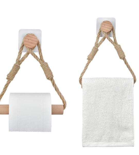 2er Set Toilettenpapierhalter ohne Bohren, Vintage Handtuchhalter aus Seil und Holz, Selbstklebende WC Papier Halterung, Industriestil Bad Dekoration, Boho Design, Geeignet für Ba