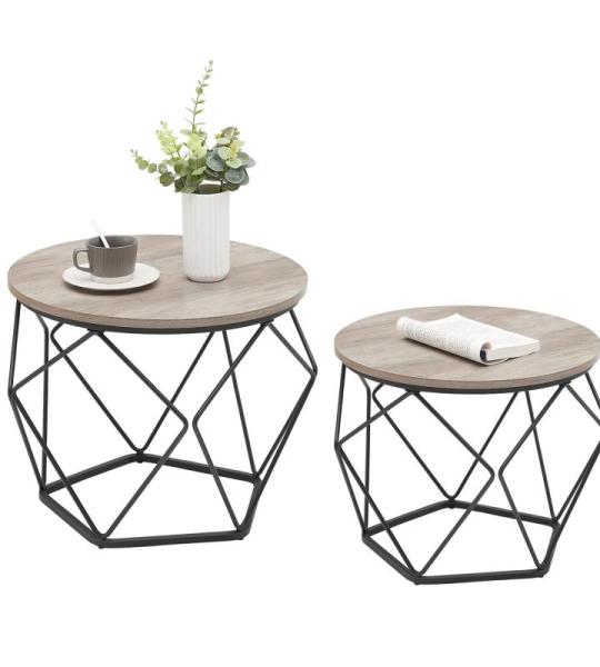 Salontafel rond, set van 2, woonkamertafel, bijzettafel, vintage flair, afneembaar tafelblad, voor woonkamer, greige-inktzwart LET040B02