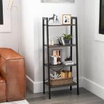 Boekenrek, rek met 4 niveaus, ladderrek van hout, met kantelbeveiligingen en verstelbare voetkussens, metalen frame, voor woonkamer, werkkamer en kantoor (donkerbruin)