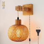 Vintage Dimbare Wandlamp met Stekker, Vintage Nachtlamp Rotan Bamboe Lampenkap, Wand Leeslamp, Rustieke Touw Wandlamp, 450cm Kabel E27 voor Slaapkamer Woonkamer Hal Cafés