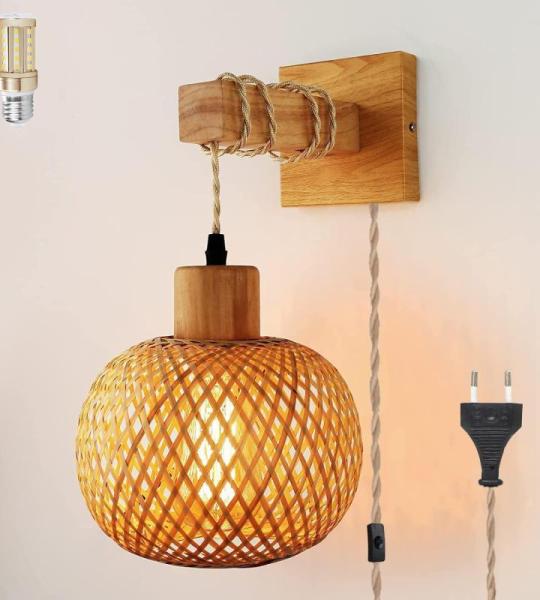 Vintage Dimbare Wandlamp met Stekker, Vintage Nachtlamp Rotan Bamboe Lampenkap, Wand Leeslamp, Rustieke Touw Wandlamp, 450cm Kabel E27 voor Slaapkamer Woonkamer Hal Cafés