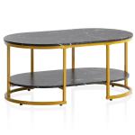 Salontafel, 100 x 60 x 45 cm, zwart met marmerlook, design woonkamertafel, rechthoekig, loungebanktafel met plank, koffietafel, modern, met goudkleurig metalen frame