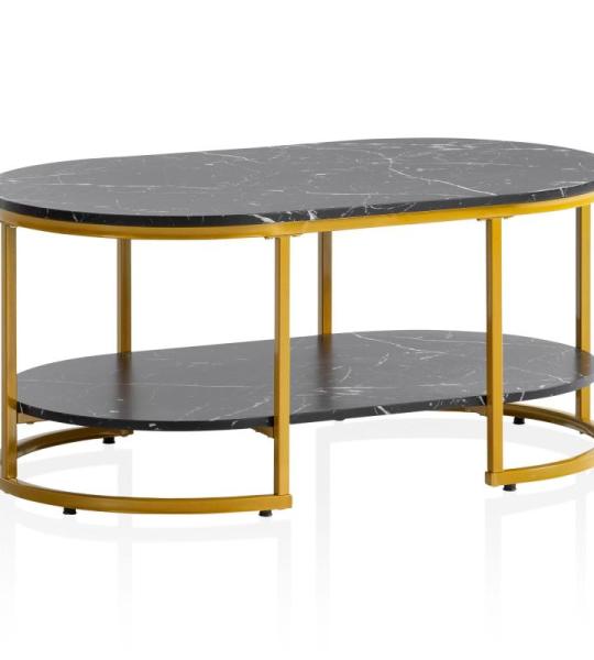 Salontafel, 100 x 60 x 45 cm, zwart met marmerlook, design woonkamertafel, rechthoekig, loungebanktafel met plank, koffietafel, modern, met goudkleurig metalen frame