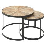 Set van 2 van massief mangohout rond | Salontafel met metalen poten bruin | Placemat 2-delige nesttafel hout/metaal zwart