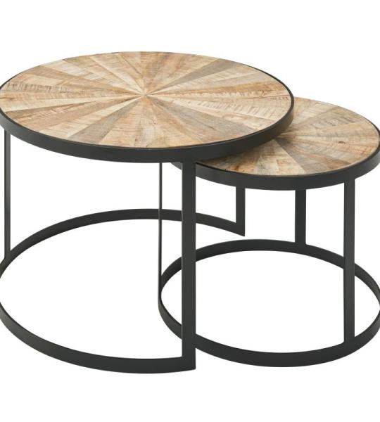 Set van 2 van massief mangohout rond | Salontafel met metalen poten bruin | Placemat 2-delige nesttafel hout/metaal zwart