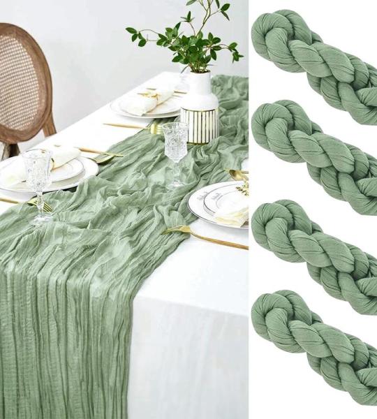 Tafelloper, 4 stuks, groene kaasdoek, tafelloper, boho-mousseline, decoratieve stof, rustieke gaas, tafelloper voor bruiloft, verjaardag, decoratie, 90 x 300 cm