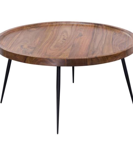 FineBuy Salontafel 75 x 39 x 75 cm, Sheesham massief hout/metaal, design woonkamertafel, rond, retro bruin, designer houten tafel, koffietafel, massief