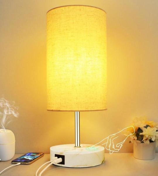 Nachtlampje Touch Dimbare LED tafellamp met USB A Type C aansluitingen, 3-weg dimbare touch control E27 tafellamp wit voor slaapkamer cadeau, incl. 6W warm wit LED-lamp