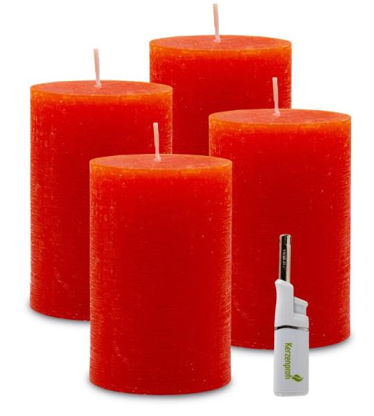 : 4 x rustieke polar-stompkaarsen 120/78 mm. Brandduur ca. 60 uur! incl. professionele kaarsenaansteker - Duitse merkfabrikant - RAL gecertificeerd (mandarijn)