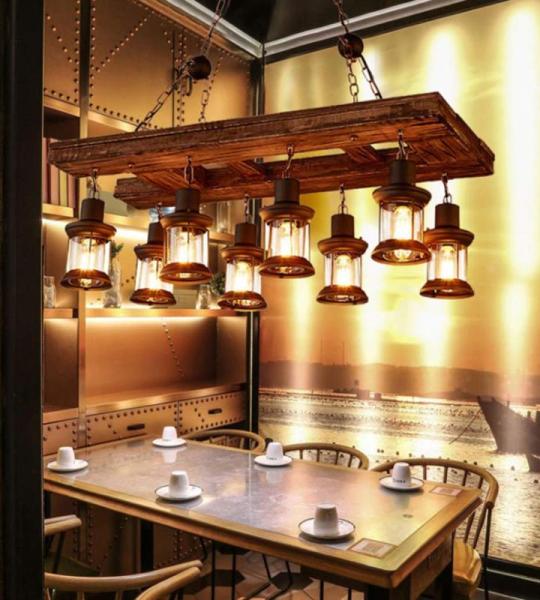 Smeedijzeren hangende lamp Houten Industriële zolderbar Hangende verlichting Retro hanglamp In hoogte verstelbaar Transparant glas Lampenkap Kamer Woonkamer Kroonluchter