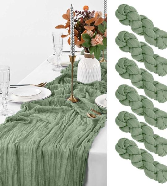 6 Stück salbeigrüne Seihtuch-Tischläufer, rustikale salbeigrüne Tischdecke, Gaze-Tischläufer 90x 300cm Käsetuch Boho-Tischläufer für Hochzeit