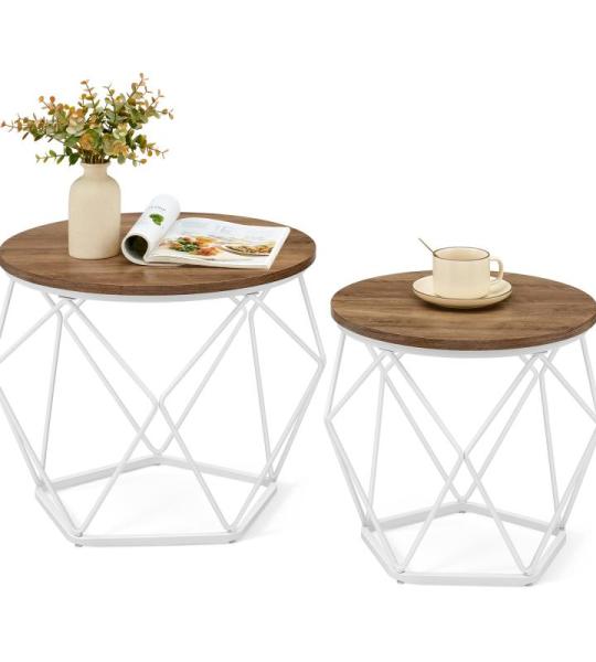 Salontafel rond, set van 2, woonkamertafel, bijzettafel, modern, afneembaar tafelblad, voor woonkamer, honingbruin-wolkenwit LET040K41