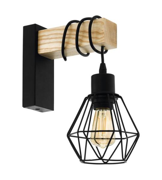 Wandlamp Townshend 5, vintage wandlamp in industrieel design, retro lamp van staal en hout, kleur zwart en bruin, fitting E27, FSC-gecertificeerd