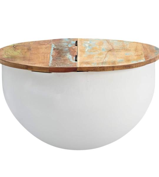FineBuy Mango Salontafel, 60 x 34 x 60 cm, massief hout, metaal, industrieel rond, design woonkamertafel met opbergruimte, loungetafel, sofatafel, modern