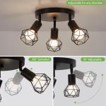 Plafondlamp, zwart, 3 vlammen, , kooi, design, metaal, E14, max. 40 W, plafondlamp, spots, draaibaar, 350 graden, voor keuken, hal, woonkamer, slaapkamer (zonder lamp)