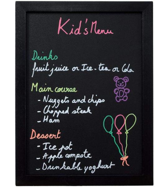 Woody wandbord met zwart houten frame, inclusief krijtstift en wandophanging, ca. 40 x 30 cm groot