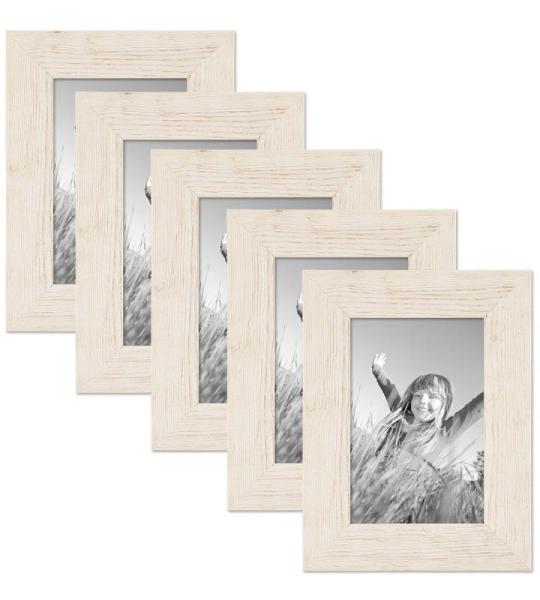 Set van 5 fotolijsten 10x15 cm rustiek strandhuis wit massief hout met glazen ruit inclusief accessoires | Fotolijst