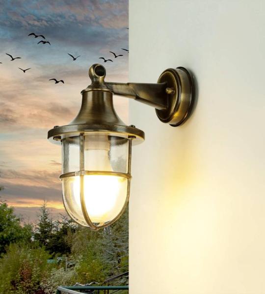 Buitenwandlamp IP64 donker messing antiek E27 glas echt messing maritiem wandlamp buiten terras tuin