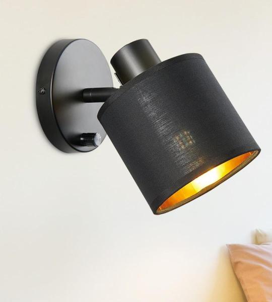 Wandlamp met schakelaar, dimbaar, vintage, stoffen wandlamp, E27, retro lamp, binnen, zwarte lampenkap, wandspot voor woonkamer, slaapkamer