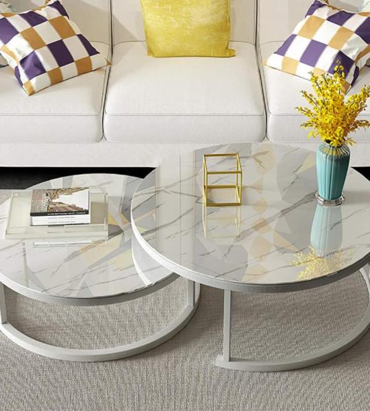 Moderne Marmeren Patroon Stapelbare Salontafels Set voor Woonkamer Ronde Nest Bijzettafels Metalen Stapelen Nesting Eindtafels Set van 2