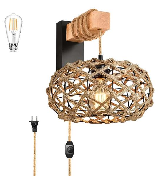 Vintage dimbare wandlamp met stekker, vintage bedlampje, zwart, retro, industriële metalen wandlamp E27 met draaischakelaar en 2 m kabel voor woonkamer, slaapkamer, trappenhuis, h
