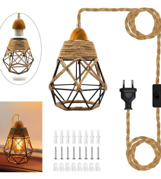 Industriële henneptouw hanglamp met stekker, E27 retro lamphouder met kabel 510 cm, vintage hanglamp kit met schakelaar, zwart metalen hanglamp lampenkap, doe-het-zelf lampbouwset