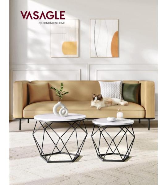 Salontafel rond, set van 2, woonkamertafel, bijzettafel, modern, afneembaar tafelblad, voor woonkamer, marmerwit-inktzwart LET040B59