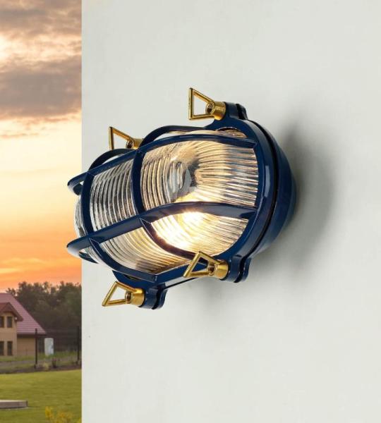 Buitenlichtwand IP64 massief messing golf blauw glas E27 weerbestendig roestvrij staal zee schip wandlamp buitenwandlamp tuin huis muur terras