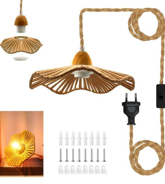 Moderne industriële hanglampenset met schakelaar, vintage geweven lampenkap met henneptouw, E27 retro lamphouder met kabel, 4 meter, henneptouw hanglamp met stekker, voor boerderi