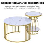 Ronde salontafel, set van 2, rond, modern, woonkamertafel met metalen frame, bijzettafel, salontafel, koffietafel voor woonkamer, wit-goud marmerlook