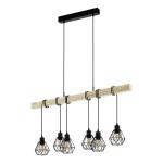 hanglamp Townshend 5, 6-lichts vintage pendellamp in industrieel ontwerp, retro plafondlamp hangend van staal en hout, kleur zwart, bruin, FSC gecertificeerd, E27