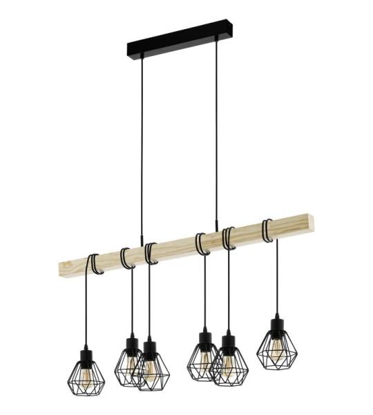 hanglamp Townshend 5, 6-lichts vintage pendellamp in industrieel ontwerp, retro plafondlamp hangend van staal en hout, kleur zwart, bruin, FSC gecertificeerd, E27
