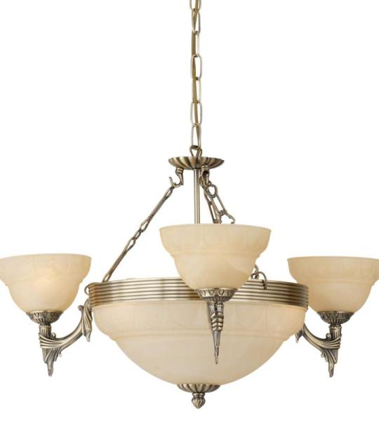 Hanglamp Marbella, 6-lamps, vintage, rustiek, hanglamp van gepolijst gegoten metaal, albastglas in champagne-kleur, eettafellamp, woonkamerlamp met E14-fitting