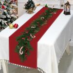Tafelloper voor Kerstmis, rode linnen met kerstboom klokken, zuurstokken, lange rechthoekige kersttafelkleed voor het diner, tafeldecoratie, 230 x 33 cm
