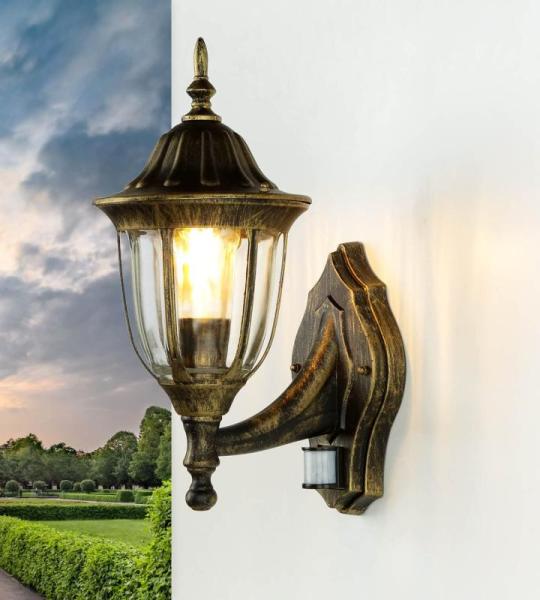 Milano Buitenwandlamp met bewegingsmelder, aluminium, glas in goud, antiek, IP44, terras, tuin, hoogte: 37,5 cm, E27, lantaarn, wandlamp, outdoor, MILANO