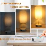 Nachtlampje set van 2 Touch Dimbare LED-tafellamp met 2 USB-oplaadfunctie, kleine E27 tafellamp met beige kap voor cadeau, slaapkamer, woonkamer, incl. 6W LED-lamp