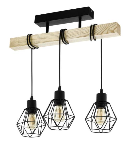 plafondlamp Townshend 5, 3-lichts vintage plafonnière in industrieel ontwerp, retro hanglamp van staal en hout, zwart, bruin, FSC gecertificeerd, E27 fitting