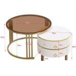 Ronde salontafel, set van 2 met gouden metalen frame en bruine glazen plaat, moderne bijzettafel, woonkamertafel, banktafel met 2 laden, 70 x 70 x 45 cm + 50 x 50 x 40 cm (wit)