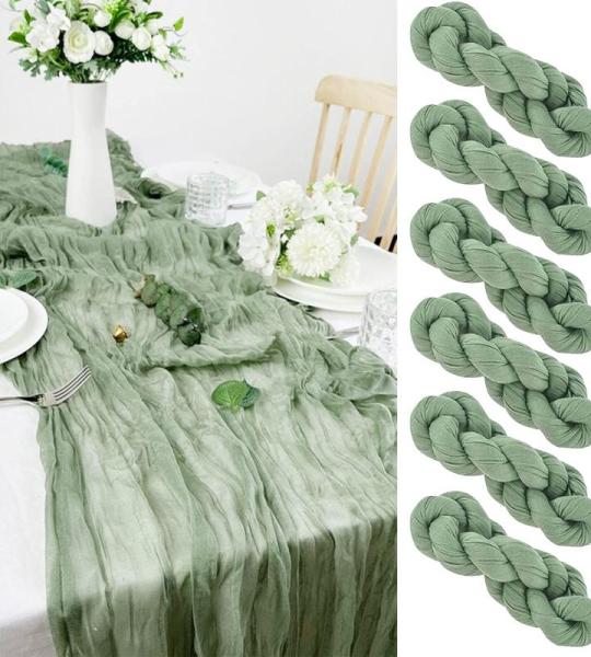 Saliegroene tafelloper, 6 stuks, 90 x 300 cm, mesh, boho-tafelloper, wasbaar, decoratie voor bruiloft, verjaardag, feest, bruiloft, babyshower