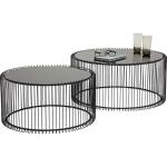Design salontafel Wire set van 2, zwart, 63/53 cm diameter, bijzettafel, nachtkastje, stalen frame, tafelblad van veiligheidsglas, woonkamer, rond, 34 x 70 x 70 cm (h x b x d)