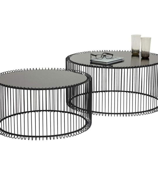 Design salontafel Wire set van 2, zwart, 63/53 cm diameter, bijzettafel, nachtkastje, stalen frame, tafelblad van veiligheidsglas, woonkamer, rond, 34 x 70 x 70 cm (h x b x d)