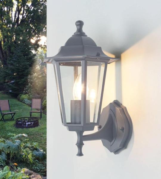 Buitenlamp voor aan de muur, glas, aluminium, donkergrijs, IP44, terras, hoogte: 36 cm, E27, staande nostalgische wandlantaarn, tuin Paris
