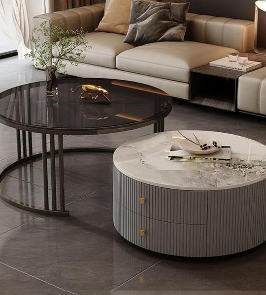 Moderne graue runde Couchtische, 2er-Set, mit großem Stauraum, einfache Wartung, für Wohnzimmer, Schlafzimmer, Büro, Balkon und Wohnung, stilvolle und funktionale Möbelstücke 