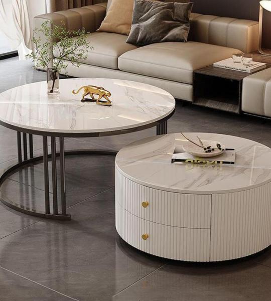 Moderne, runde Couchtische, 2er-Set, mit großem Stauraum, einfache Pflege, für Wohnzimmer, Schlafzimmer, Büro, Balkon, Wohnung, Weiß, 60 x 34 cm + 80 x 45 cm