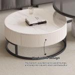 Moderne ronde bijzettafels set van 2 met houten cirkel reliëf ontwerp voor woonkamer, balkon en kantoor, eenvoudige montage metalen frame (klein, zwart/wit)