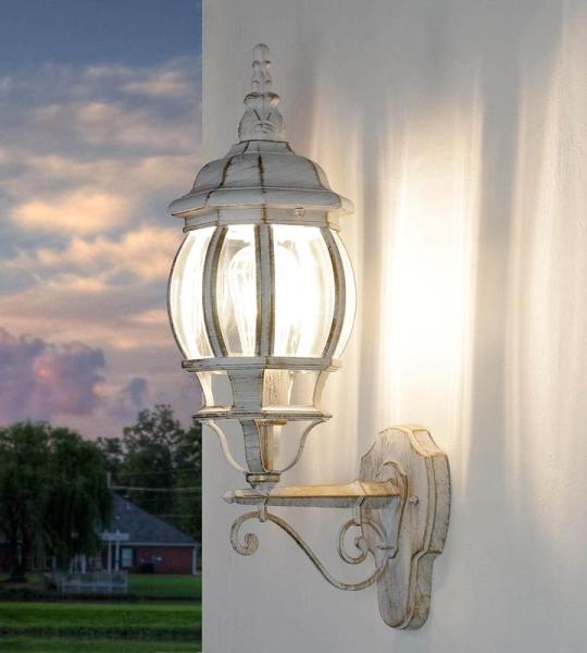 Brest Buitenwandlamp, glas, aluminium, in wit goud, IP44, voor tuin en balkon, hoogte: 54 cm, E27, landhuisdesign, rustieke wandlantaarn voor buiten