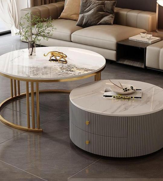 Moderne, runde Couchtische, 2er-Set, mit großem Stauraum für Wohnzimmer, Schlafzimmer, Büro, Balkon und Wohnung, einfache Wartung und stilvolles Design, Motley N, 60 x 34 cm + 7