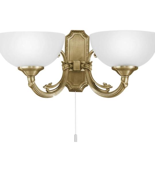 Savoy wandlamp met 2 fittingen, vintage, rustieke wandlamp van gepolijst gebruind metaal met wit gesatineerd glas, hallamp in bruin en wit, lamp met trekschakelaar, met E14-fitting