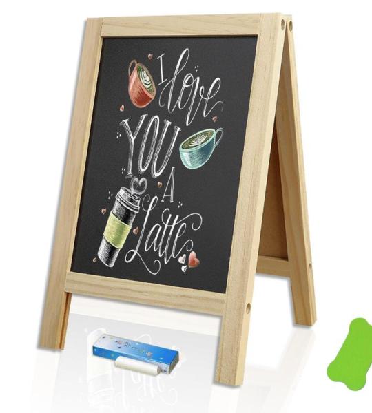 Krijtbordstandaard, leisteenbord om te beschrijven, klein krijtbord met houten standaard, zwart, buffet, prijskaartjes, standaard, 25 x 40 cm, desktop, keukenbord met krijt, voor b