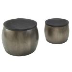 Design Salontafel, 2-delige set, mango, massief hout, rond, zilver, woonkamertafel, aluminium afneembaar deksel, bijzettafel, modern, metaal/hout, 2-delig, met opbergruimte